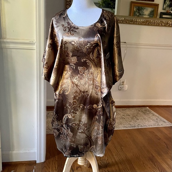 Vintage Gold 60s 70s silky Paisley Kaftan Mini butterfly Dress Angel Sleeves - Picture 12 of 16